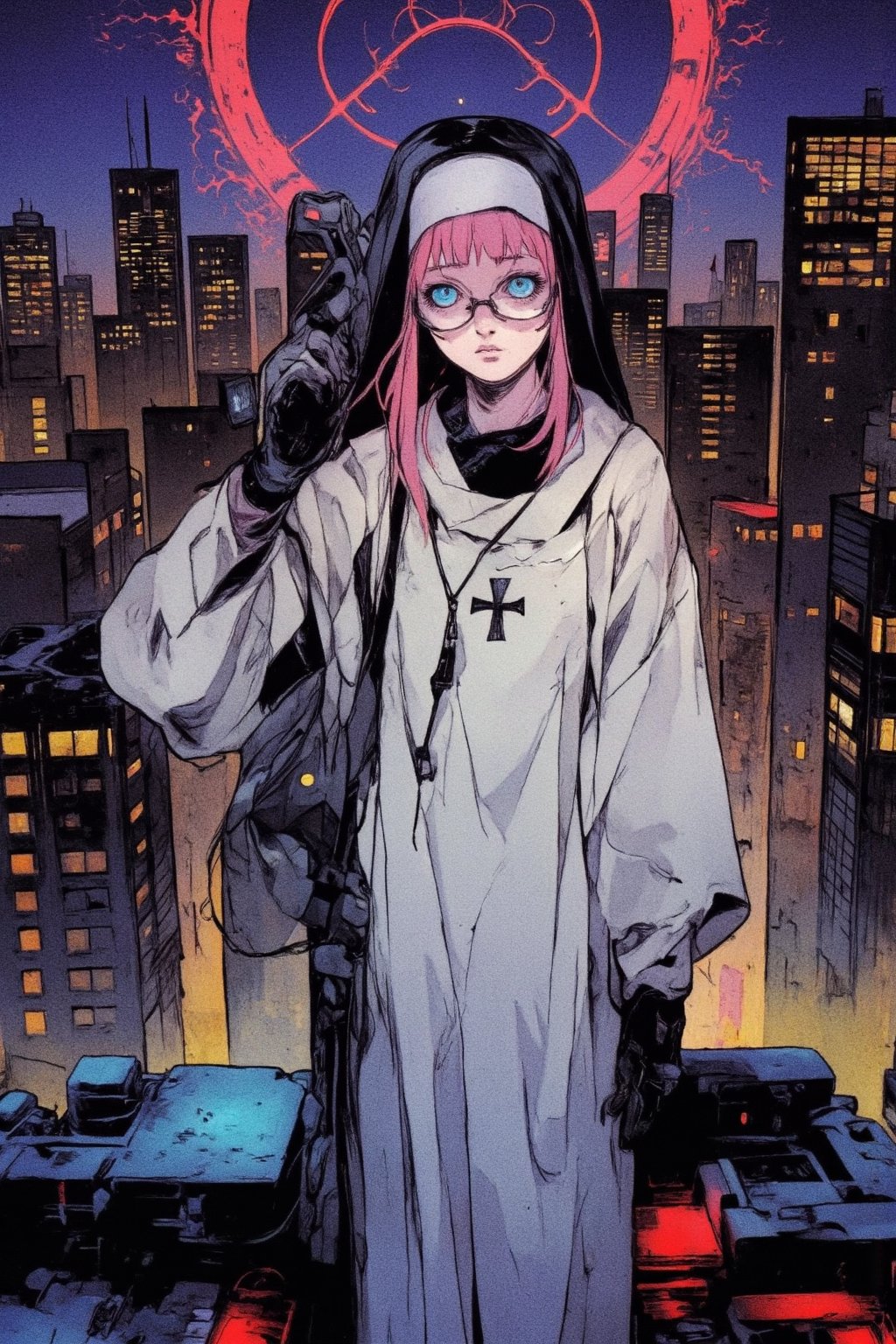 (masterpiece, high quality, 8K resolution, close shot). 
An extremely detailed dark art illustration, gallery neo art, mystical occult symbols. black and gray color pallet , 
Hideaki Anno drawing style, flat illustration, medium shot, the character's calling card with dynamic pose, the most pathos image. Cyberpunk action.
An incredibly beautiful young woman with pink hair and stylish glasses in the role of a combat nun, dressed in the uniform of the Teutonic Order \white robe with a black cross\. The robe contrasts sharply with the neon lighting, perfectly complementing the composition and highlighting the beautiful figure of the heroine. The strict and cold look of blue eyes seems to analyze the viewer. she is on the Roof of a high-rise building
Scenic view on night city which full of colors and futuristic architecture, beautiful drawing, perfectly executed down to the smallest detail.,anime,cyberpunk,Flat Anime Niji Style