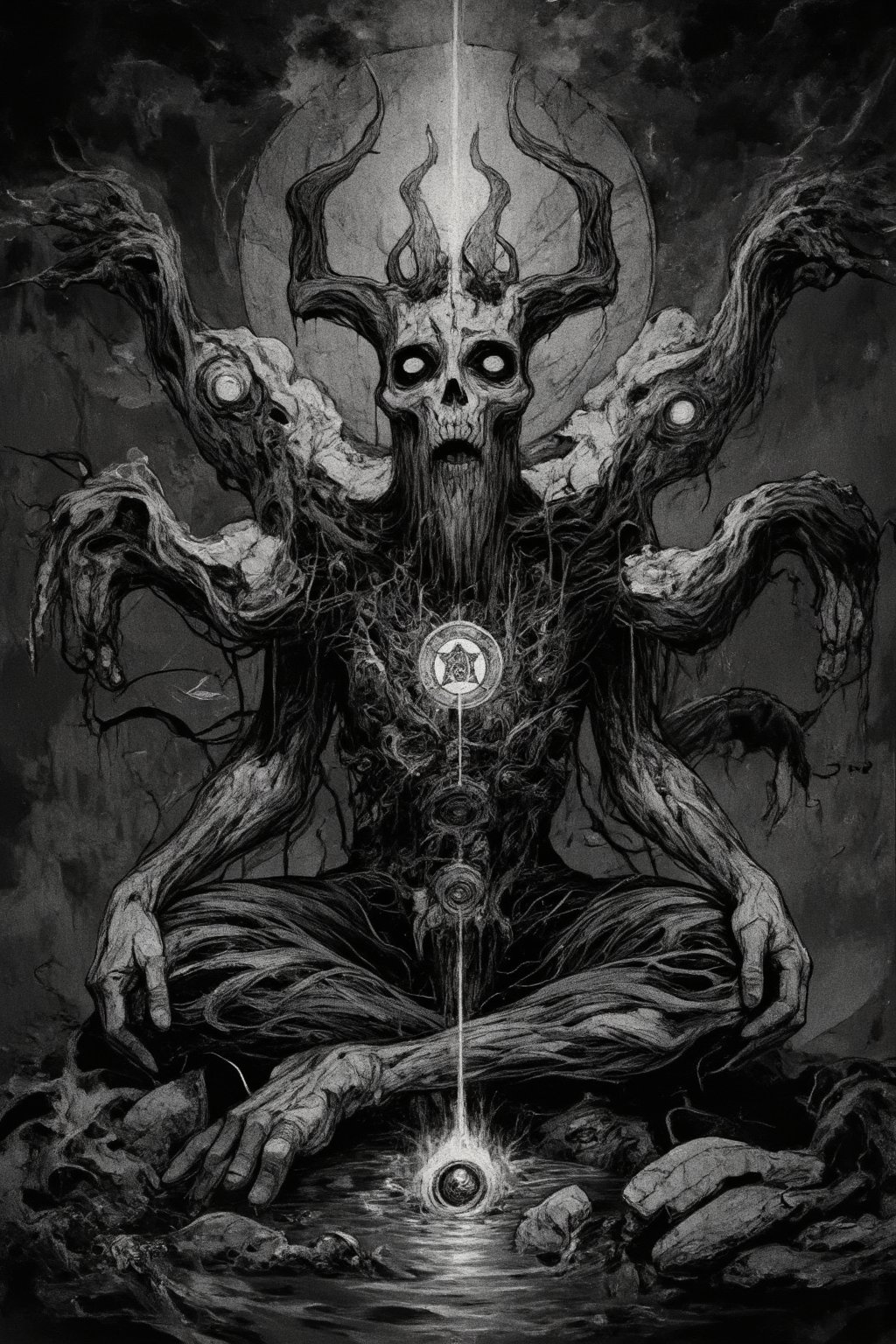 (masterpiece, high quality, 8K resolution, close shot). 
An extremely detailed dark art abstract illustration, gallery neo art, mystical geometry symbols. black and gray color pallet , isometric. dark shaman sitting in loots pose with multiple spirits connected to him