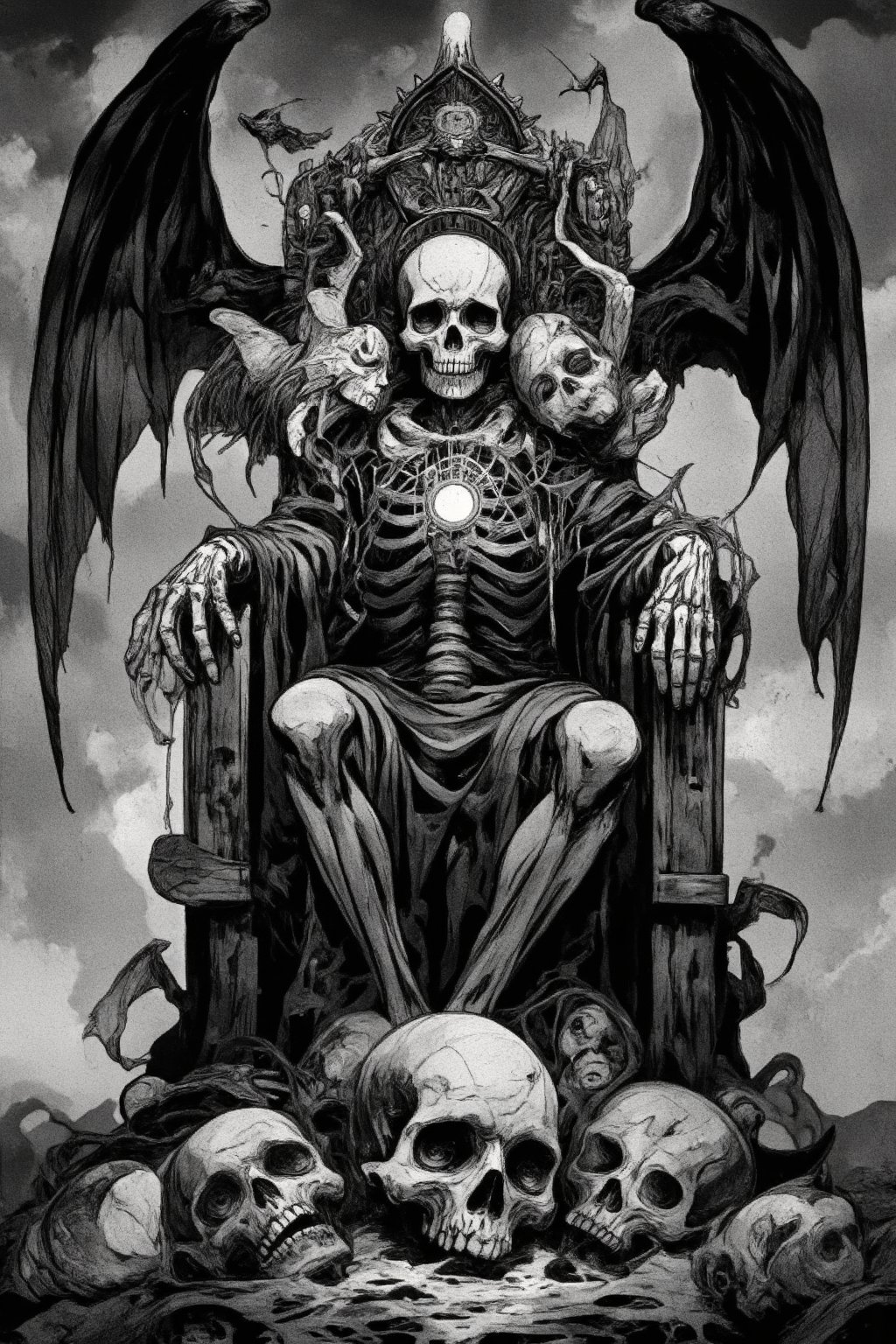 (masterpiece, high quality, 8K resolution, close shot). 
An extremely detailed dark art illustration, gallery neo art, mystical occult symbols. black and gray color pallet , isometric , death on the throne made of bones and skulls,angels crying