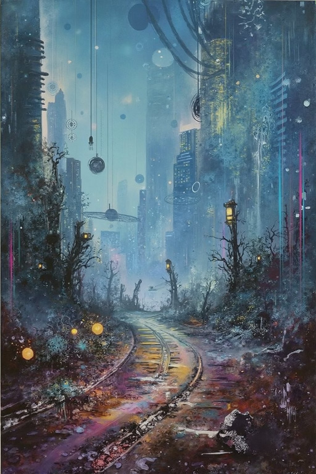 The sooty sky is crying. Where has the kindness of the people gone? But I like this city. If I have a woman I can rely on, I'm happy to live with you like this. It's not painful, and with you I can walk through this futuristic desert without feeling sad. cyberpunk landscape painted with acrylic oil paints. The texture, reminiscent of palette knife work, seamlessly blends the unique styles of Simon Bisley, Genshin, and Chiho Aoshima.,visionary art style