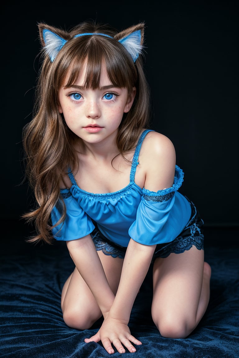 cat costume, blue eyes, full body,  lace shorts ,masterpiece portrait, Hyperrealistic, stunning beauty, high detail, cinematic photo Medium format photography, Anime tween girl digital artwork, A tween girl , looking at the camera, she has freckles, blue eyes, reverse suspended congress,eager pet pose, all fours, kneeling,chibi, 