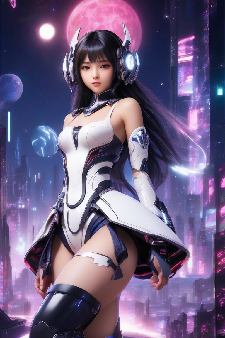 Japanese beautiful girl　Fantastic World　Futuristic costume　Fantastic Background　Long shot　whole body