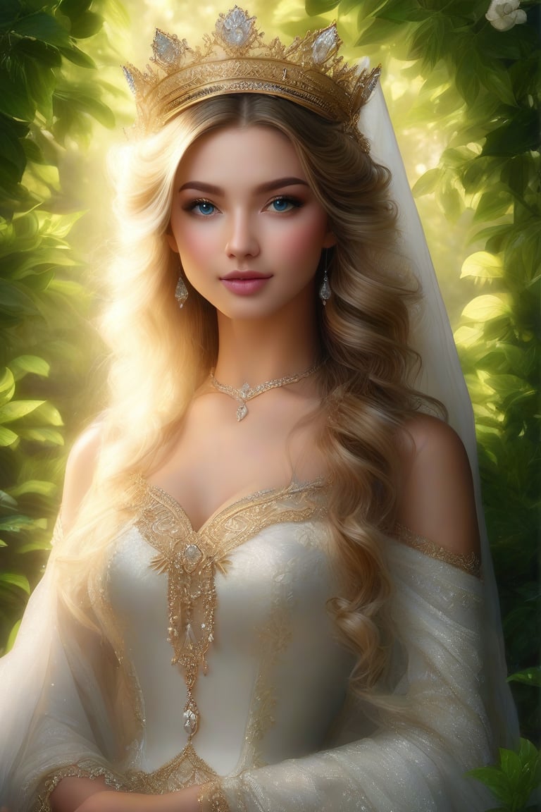 A majestic portrait of a serene queen, bathed in warm golden light, with intricate details on her flawless face. Her porcelain skin glows, accentuating the definition of every facial feature, as she sits regally amidst lush greenery, wearing a delicate crown and flowing white gown.