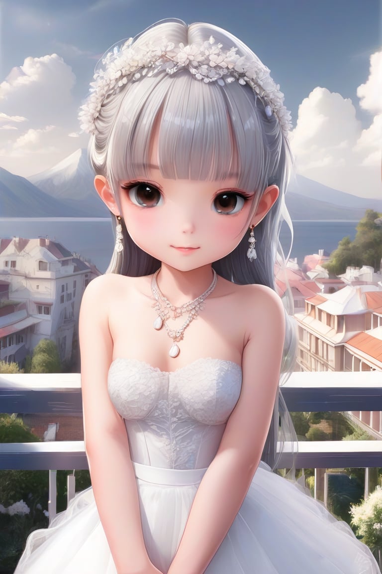 masterpiece,((best quality, 8k, ultra-detailed)),perfect anatomy, ,kanna kamui,(12yo girl :1.4) ,(solo:1.4),(flat chest:1.4),pretty face,Simple back ground,full body shot,(wedding dress:1.4),expose navel