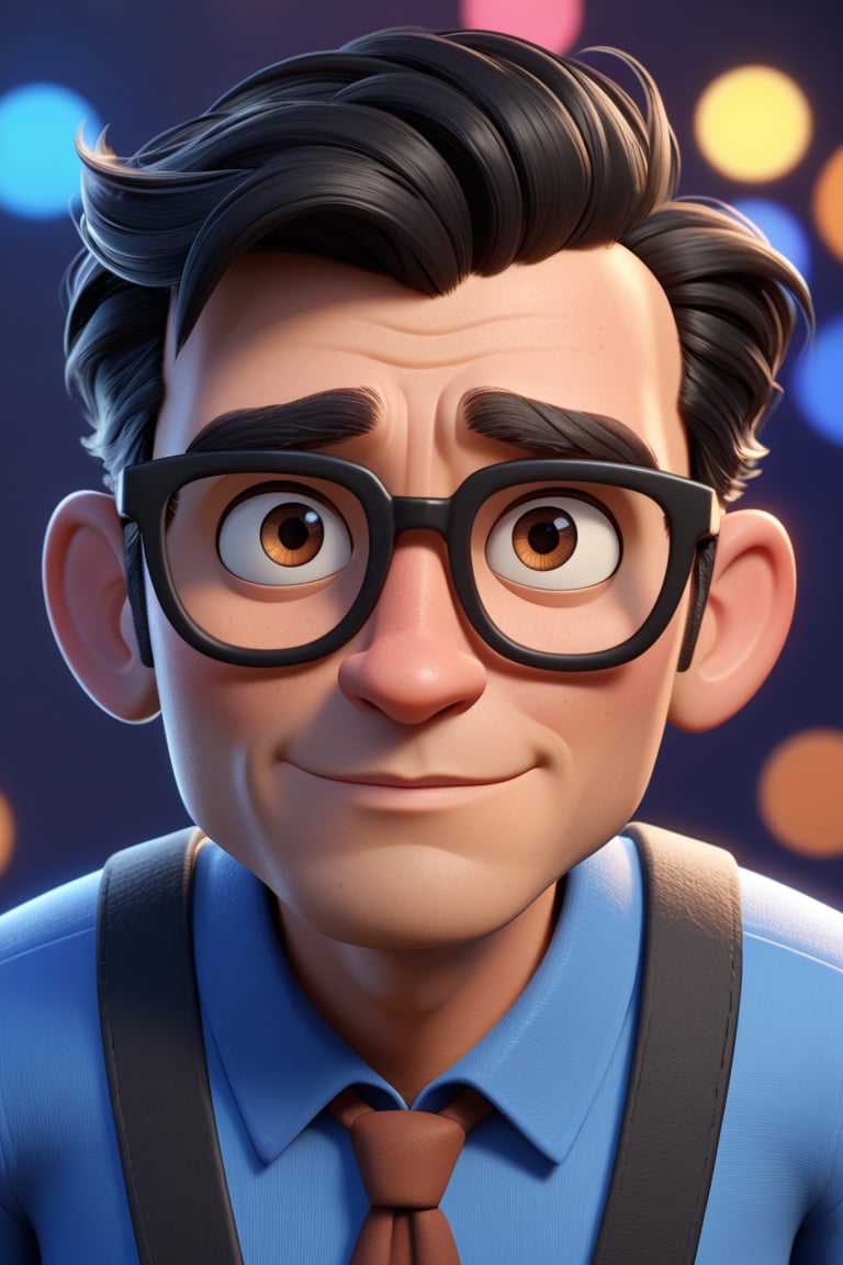 Cartoon character of a man in black glasses and blue shirt, an animated character, stylized character, animation style rendering, 3d stylized, Arnold Maya rendering, Stylized 3D rendering, toon render screenshot, 3d character, 3d character, Stylized 3D rendering, 3D character rendering, cartoon character, Personagem de close up, character posing, (Pixar-style) (master part:1.2) (bokeh) (best qualityer) (skin detailed) (detailed texture) (8k) (Argilla) (cinematic lighting) (sharp focus,Sit down and lift your upper body