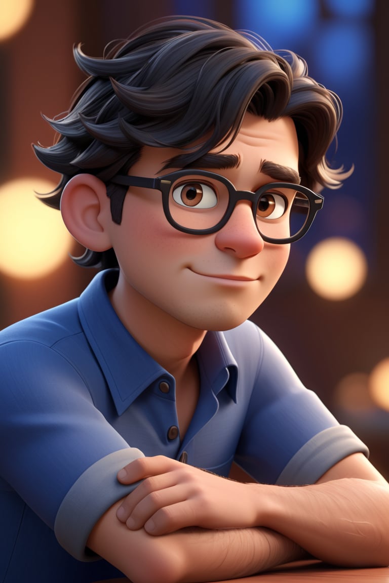 Here is a prompt for the SD model:

Close-up of a stylized, 3D rendered cartoon character in a Pixar-style animation. The character is a man wearing black glasses and a blue shirt, sitting with his upper body lifted and leaning forward. The scene is set against a blurred background with a subtle bokeh effect. The lighting is cinematic, with a focus on the character's skin texture, which is detailed and rendered at 8k resolution. The camera is sharply focused on the subject's face, capturing every nuance of his expression. Argilla-like texture is applied to his skin for added realism.