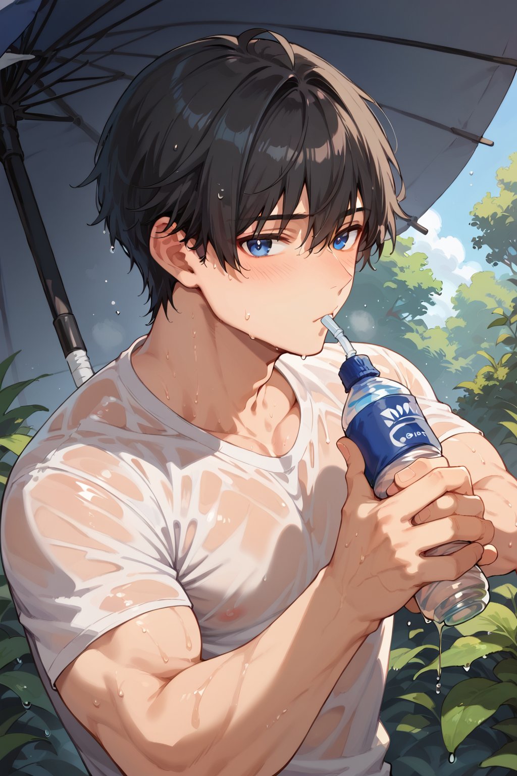 score_9, score_8_up, score_7_up, solo, looking at viewer, blushing, short hair, bangs, blue eyes, shirt, black hair, one boy, holding in hand, collarbone, white shirt, upper body, short sleeves, male focus, sweat, outdoors, daytime, wet, muscular, umbrella, bottle, pectoral muscles, t-shirt, drinking, holding bottle, water bottle, drinking plastic bottle, sweat, summer sky, tree