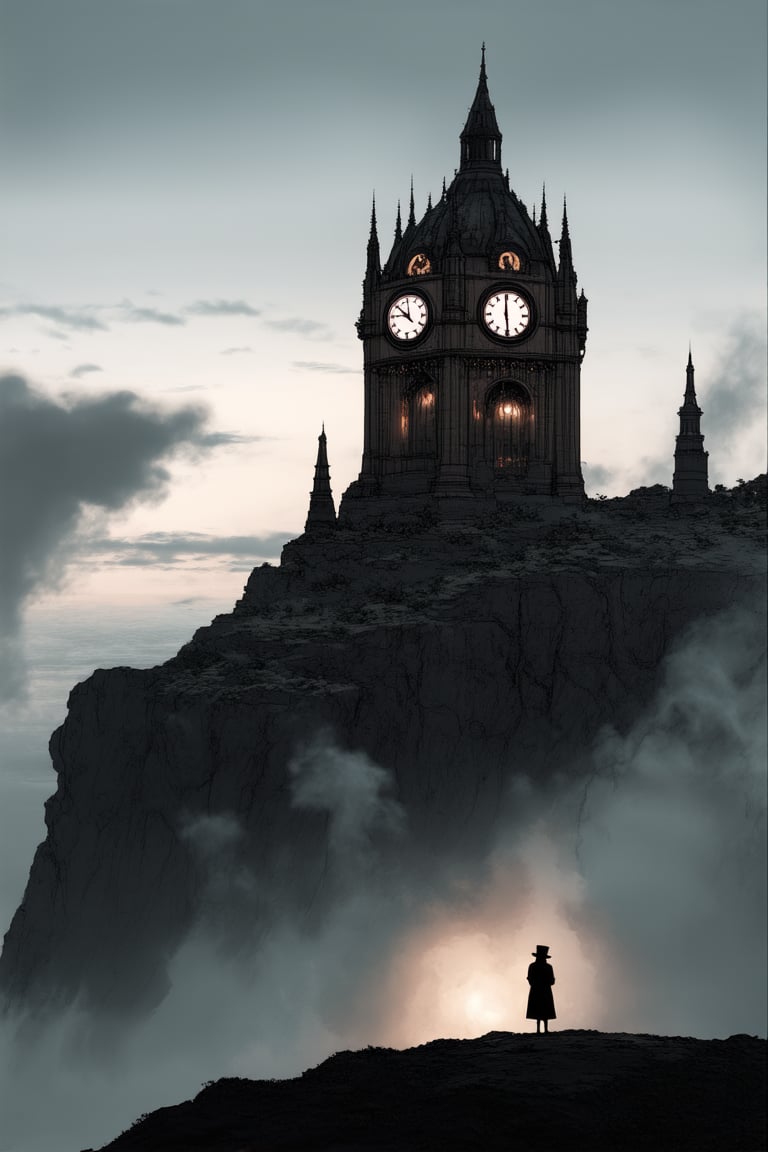 Frame a dreamlike scene: a melting clock tower rises from a sea of swirling clouds, amidst wispy tendrils of smoke and forgotten gears. The warm glow of sunset hues illuminates the eerie landscape, as a lone figure in a top hat and coat stands at the precipice, arms outstretched to grasp the ephemeral mist.