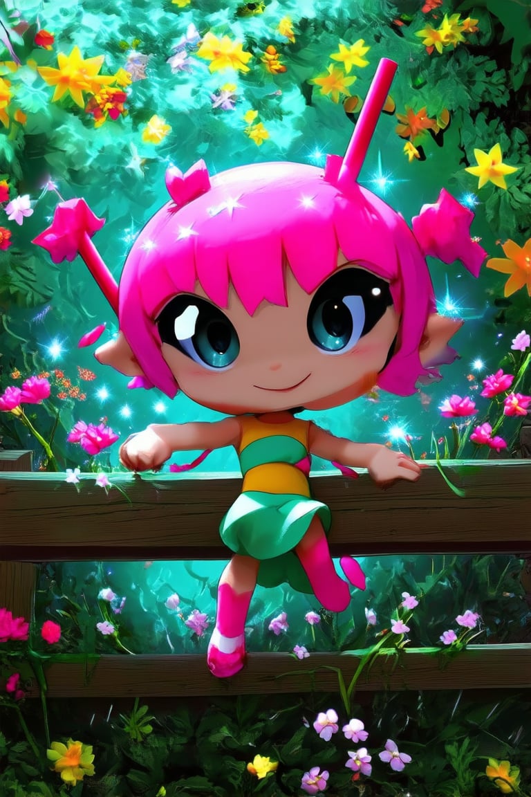 A whimsical chibi character perched on a wooden fence, surrounded by lush greenery and vibrant flowers. The tiny hero's bright pink hair sticks out in every direction, with tiny sparkles dancing across the strands. Their big round eyes shine like stars, and their smile stretches wide, revealing a hint of mischief.