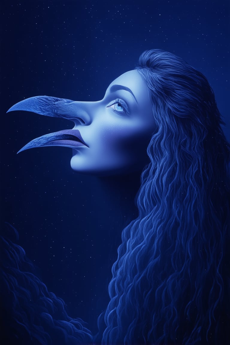 A mystical portrait of a woman with an ethereal quality, set against a deep blue background that seems to swallow her whole. The subject's eyes gleam like stars in the darkness, as she tilts her head upward, her raven tresses cascading like a waterfall down her back. The lighting is soft and diffused, casting a gentle glow on her features. In the distance, a subtle mist rises, hinting at a dreamlike realm beyond the frame.