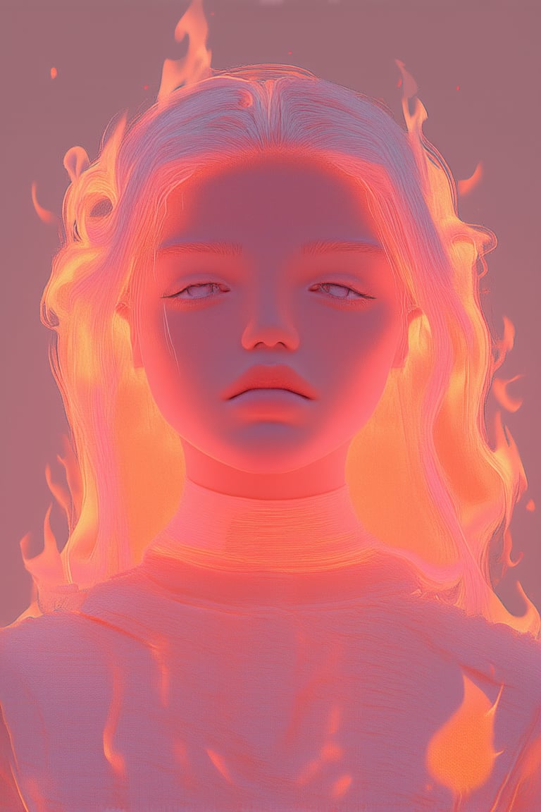 A fiery pink hue dominates the frame, casting a bold and vibrant glow on the subject's features. The intense coloration is set against a neutral background, allowing the pink tone to take center stage. A subtle gradient of orange and peach undertones adds depth and dimensionality to the overall effect.