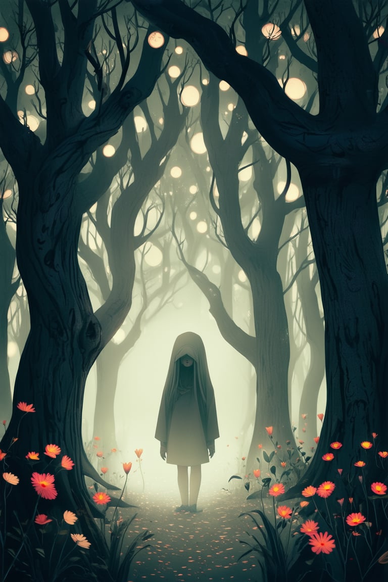 A surreal anime scene: A mystical forest's twisted trees envelop a lone figure, their face obscured by a hood, as they pose in contemplation amidst eerie mist. Softly glowing orbs hover above, casting an otherworldly light on the intricate foliage and delicate petals of nearby flowers.