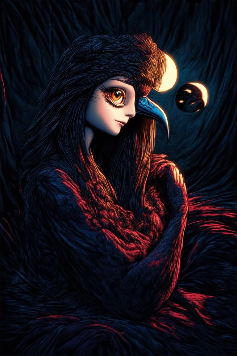 A dimly lit studio setting with a worn velvet backdrop. A mysterious woman sits poised, her face a mask of intrigue. Her eyes, like two full moons, gleam with secrets in the soft, golden light that casts long shadows on her pale skin. Her raven hair falls like night around her shoulders, framing an enigmatic smile.