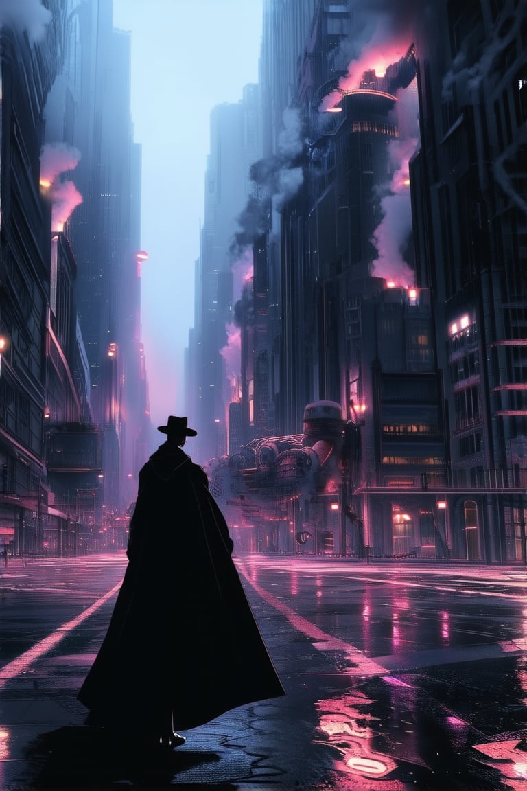 A futuristic cityscape at dusk, neon lights reflecting off wet pavement, a lone figure in a long coat and fedora stands amidst a haze of cigarette smoke, surrounded by towering skyscrapers with broken windows, the air thick with misty fog and the hum of machinery.