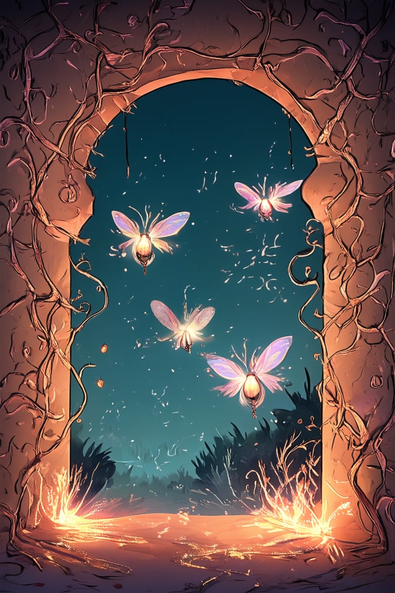 A whimsical illustration of a mystical realm within a flat art style. Softly glowing lanterns and wispy vines adorn ancient stone walls, while curious creatures like faeries and sprites flit about, their iridescent wings shimmering in the warm, golden light. The composition is symmetrical, with a central archway framing the enchanting scene.