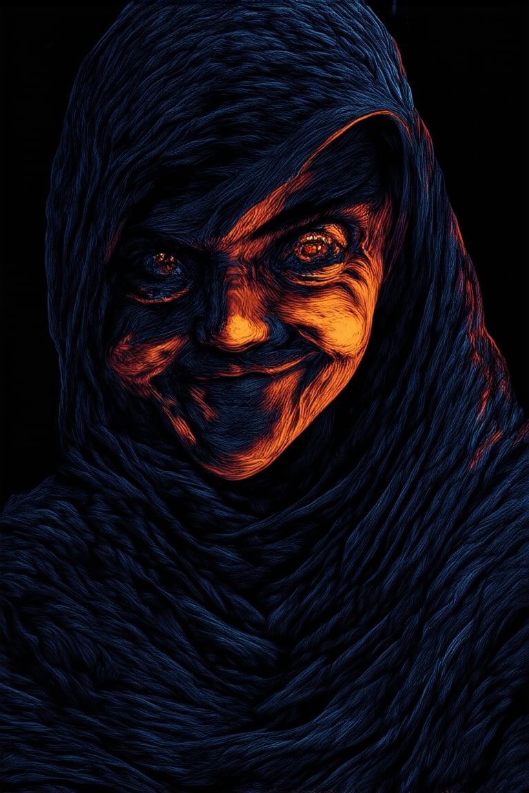 A close-up shot of a mysterious figure, shrouded in shadows, with only their enigmatic smile and piercing gaze visible. The subject's face is illuminated by a soft, golden light, casting an air of intrigue. Framed against a dark, rich background, the portrait exudes an aura of secrecy, inviting the viewer to unravel its secrets.