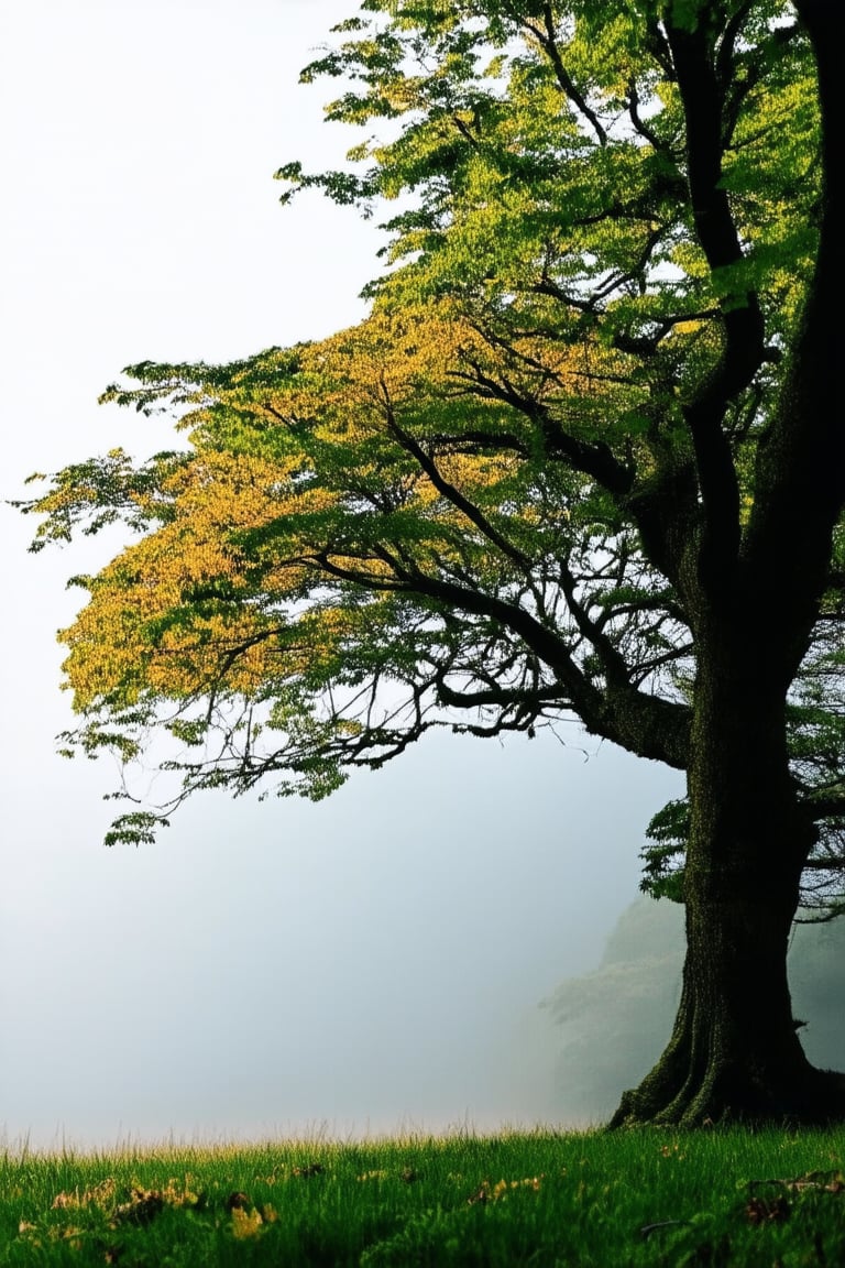 A serene landscape: Mandana's koka (a type of tree) stands tall amidst a misty morning in rural Japan. Soft golden light filters through the fog, casting long shadows across the lush green grass. The tree's gnarled branches stretch towards the sky like nature's own sculpture, its leaves rustling gently in the soft breeze.