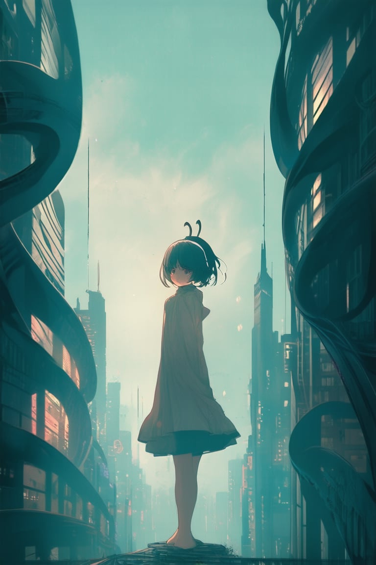 Vibrant blue mist swirls around a petite anime girl with intricate, swirling patterns on her skin and hair, as she poses dramatically amidst a cityscape of twisted, dreamlike skyscrapers. Soft, golden light illuminates the scene from above, casting long shadows across the ground. The atmosphere is surreal, blending fantasy and reality.