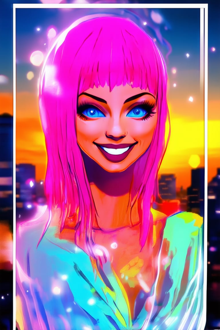 A kaleidoscope of colors explodes in a vibrant effect, as a model's bright pink hair and electric blue eyes pop against a backdrop of swirling orange and yellow hues. Soft focus blurs the busy cityscape behind her, while a bold white frame outlines the scene, drawing attention to her radiant smile.