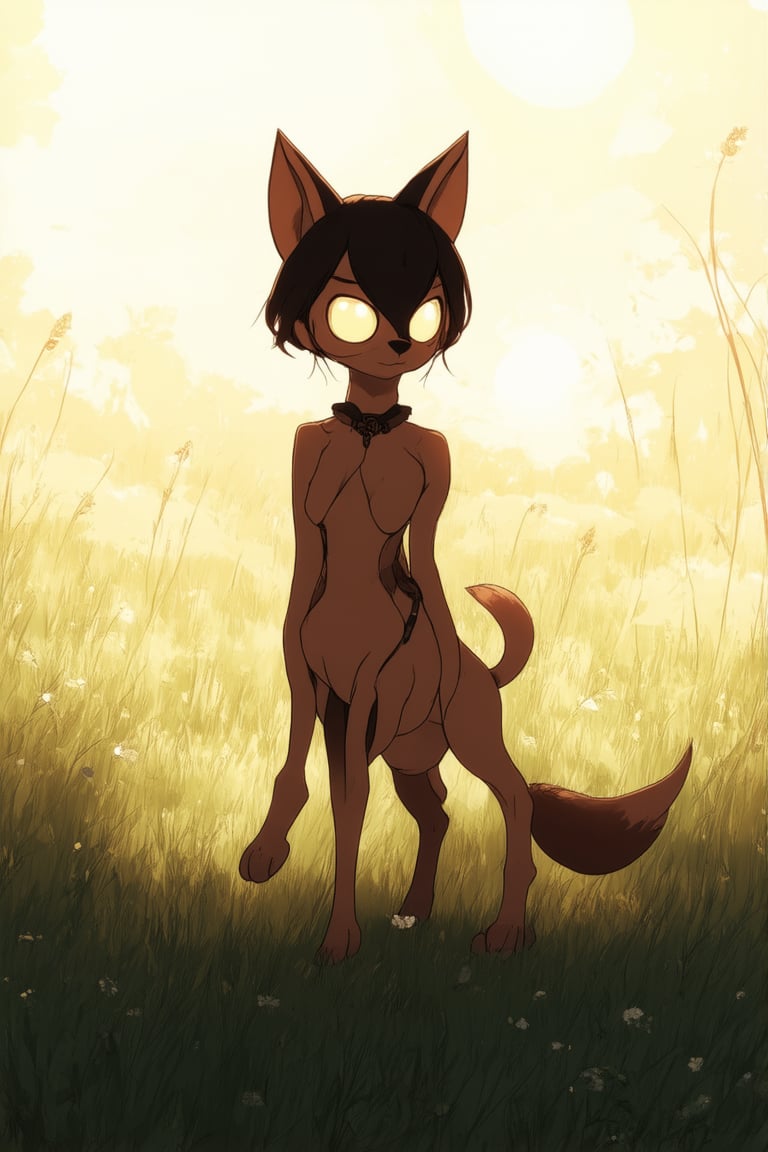 A young Flat Honor Chara stands proudly in a sun-drenched meadow, her flat, round face and long ears held high as she surveys her surroundings. Soft, golden light bathes her fur in warm tones, with subtle shadows accentuating the curves of her body. Her pose is regal, legs splayed wide as if prepared to pounce at a moment's notice, while her bright eyes shine like miniature suns.