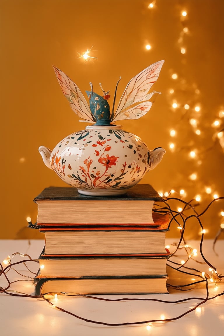 A whimsical still life of Magical Flat Art is presented against a warm, golden-hued backdrop. Delicate, hand-painted ceramics and vintage tomes are arranged in a symmetrical composition, with subtle shading and highlights adding depth. A few strategically placed fairy lights cast a soft, ethereal glow on the surrounding surfaces, imbuing the scene with an air of enchantment.