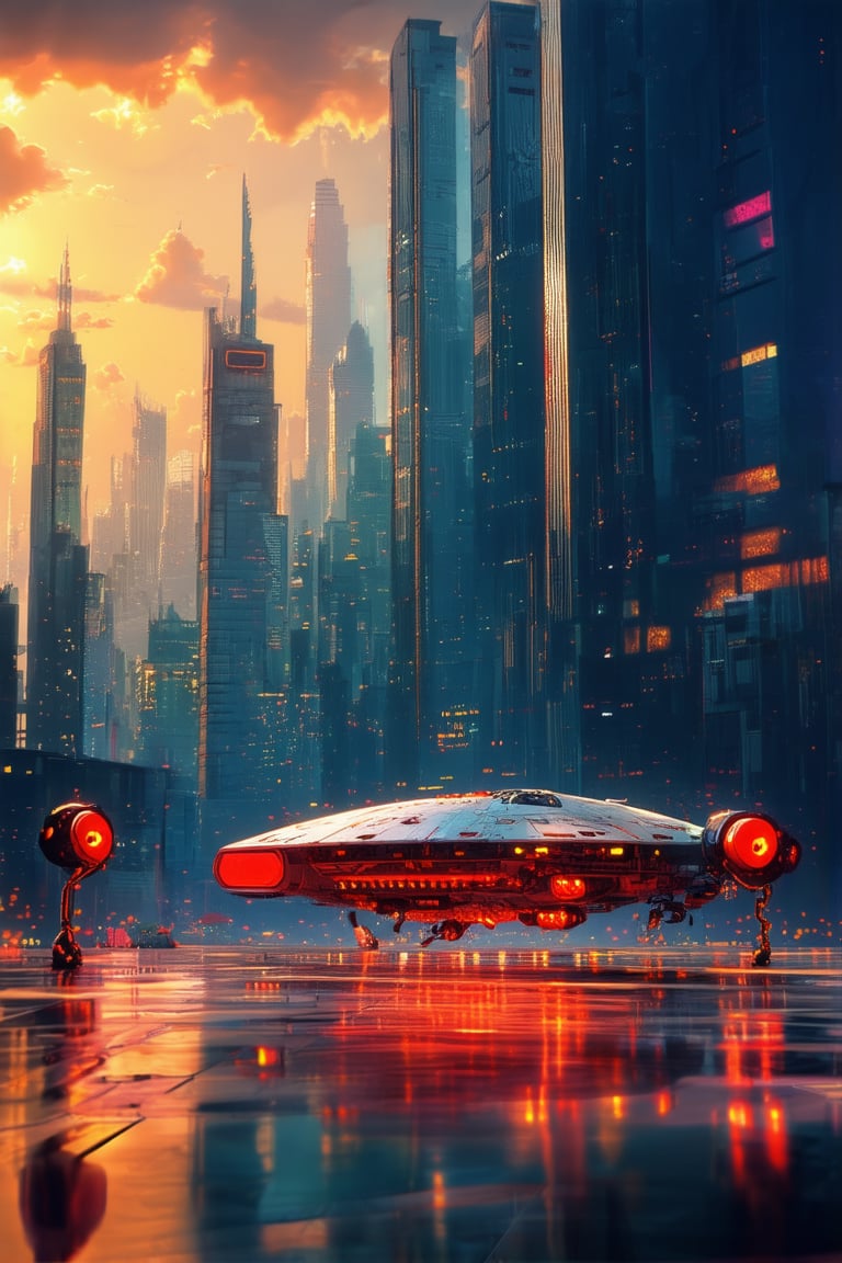 A futuristic cityscape at dusk, with sleek skyscrapers and neon lights reflecting off a wet pavement. In the foreground, a vintage-style spaceship lands on a makeshift runway, surrounded by eccentric robots in various poses, some repairing others. The sky is painted with warm hues of orange and pink, as if the sun never sets.