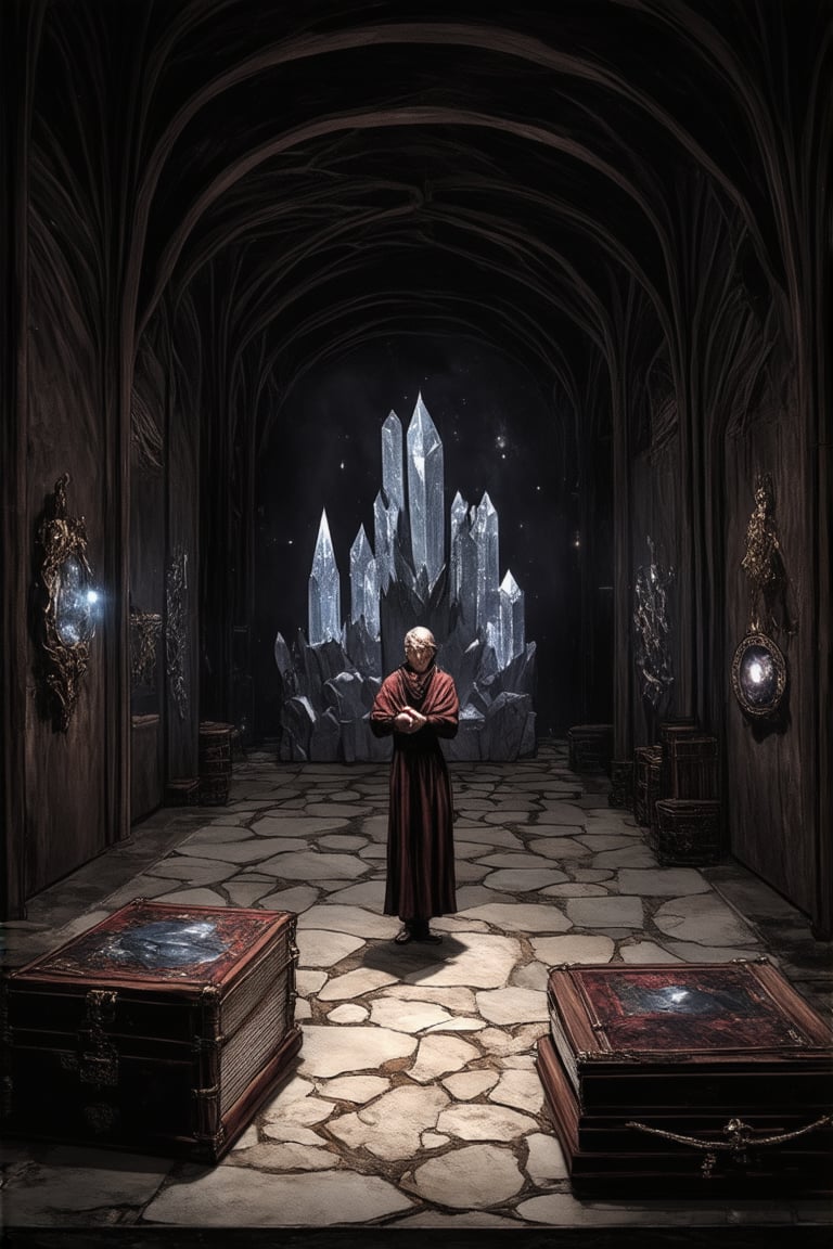 A dimly lit museum hall with a mystical aura. Ancient artifacts and relics adorn the walls, illuminated by soft golden lighting that casts a warm glow on the stone floor. The air is thick with the scent of old parchment and forgotten knowledge. In the center, a traditional practitioner stands, hands clasped in ritualistic pose, surrounded by intricately carved wooden boxes, glowing crystals, and ancient tomes bound in worn leather.