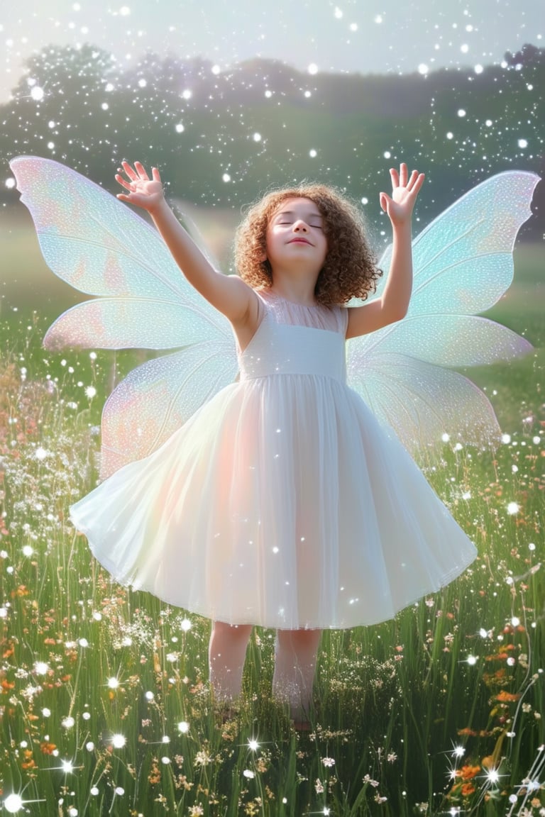 A whimsical scene unfolds: a young girl with curly brown hair and a flowing white dress stands in a lush meadow, her eyes closed as she raises her hands to the sky. Sparkling fairy lights dance around her, illuminating the lush green grass and vibrant wildflowers. A gentle mist rises from the ground, casting a mystical glow.