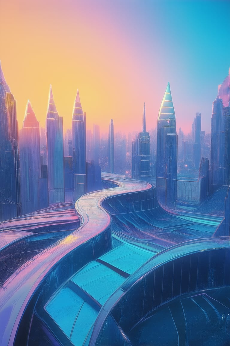 A surrealistic cityscape with a gradient-tinged sky, where hues of blue and orange merge into a dreamy vortex. In the foreground, a futuristic building's sleek lines and curves blend seamlessly into the atmospheric colors. The city's inhabitants, dressed in vibrant outfits, pose confidently amidst the gradient backdrop, as if embracing the ever-changing palette.