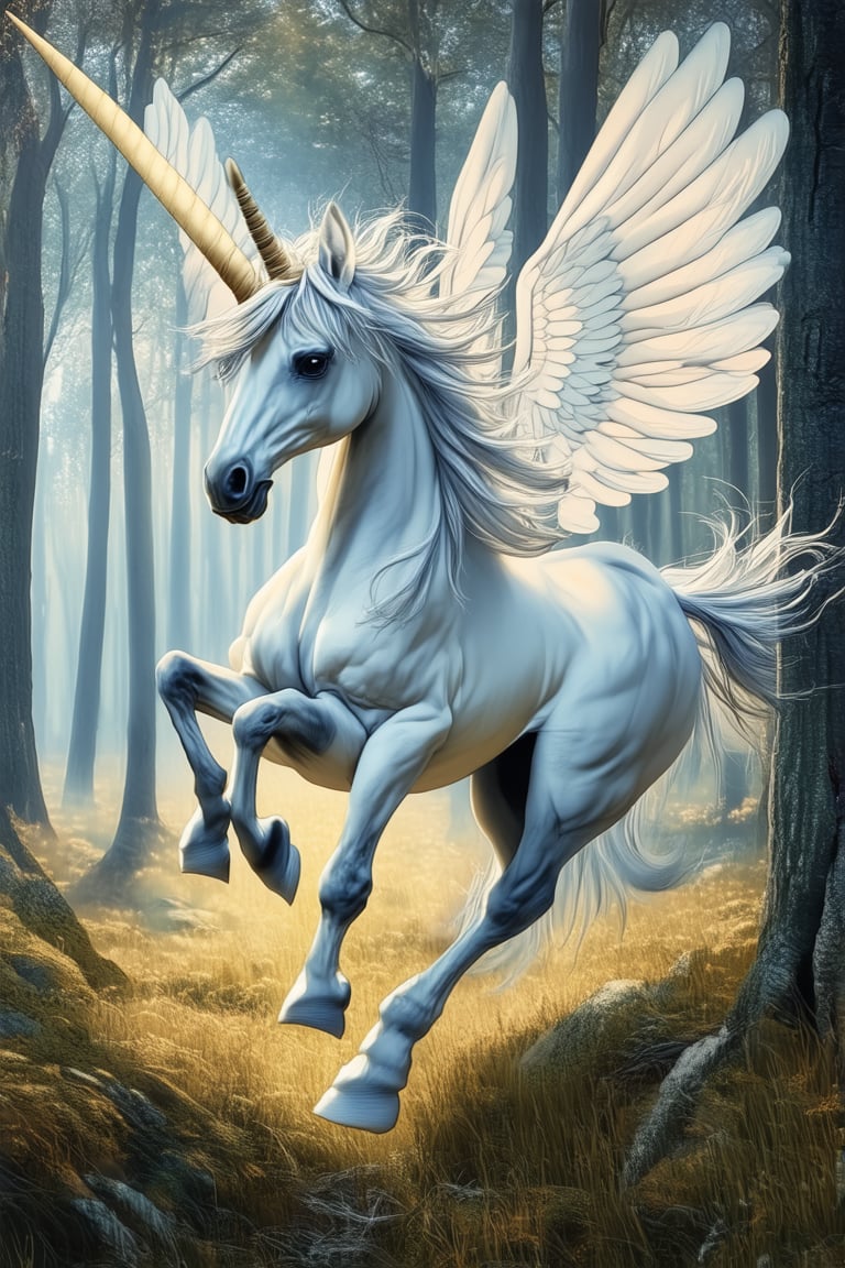 A majestic unicorn prances across a misty forest glade, its shimmering coat illuminated by soft morning light filtering through towering trees. A delicate horn and flowing mane accentuate its ethereal beauty as it rears up on hind legs, its wings spread wide in mid-air, as if frozen in a moment of magical contemplation.