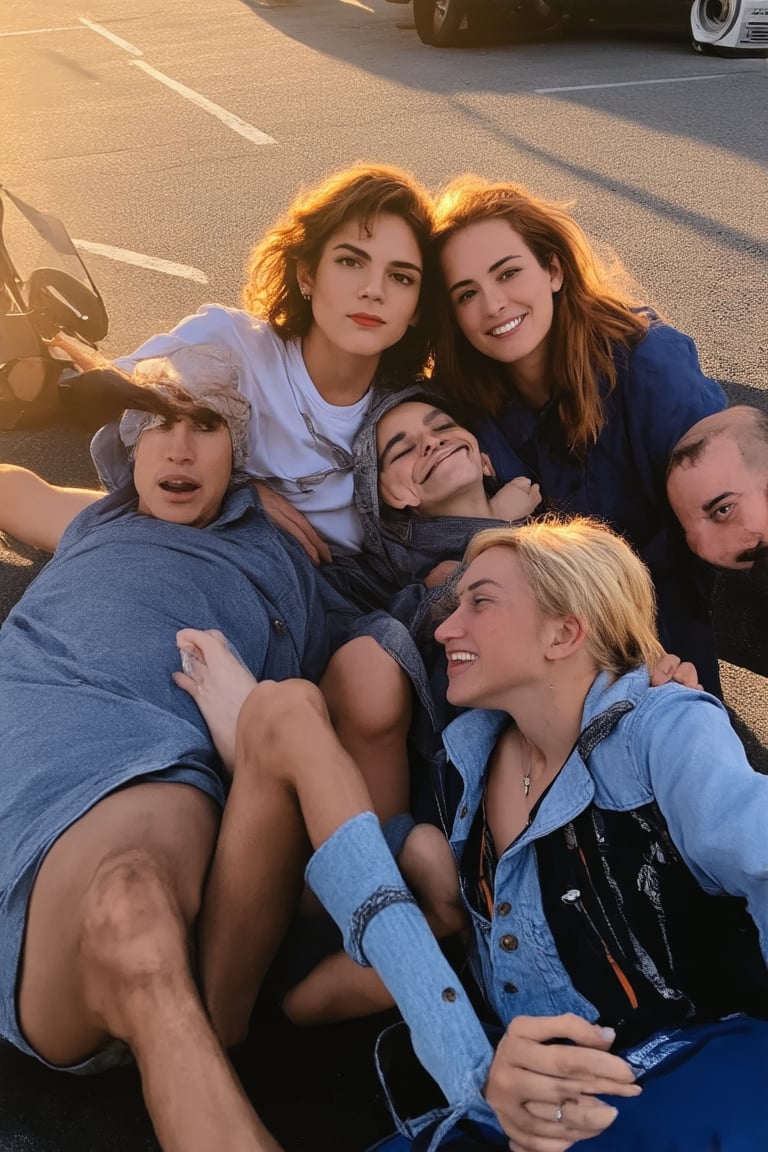 A nostalgic snapshot captures a group of friends lounging in a sun-drenched parking lot on a warm summer afternoon. The 1990s aesthetic is palpable as they pose with retro-style clothing and hairstyles, surrounded by the iconic sounds of grunge music drifting from a boombox. The golden light casts a warm glow, accentuating their laid-back vibes and carefree attitudes.