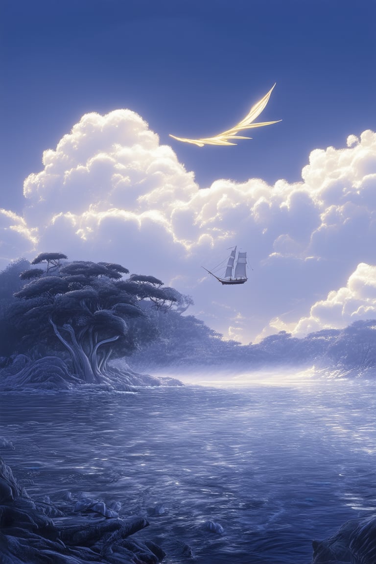 A majestic blue misty morning landscape with a lone sailboat gliding effortlessly across the calm sea, framed by the rugged shoreline and ancient cypress trees. Soft golden light spills over the scene, illuminating the mist's wispy tendrils and the boat's billowing sails, set against a brilliant blue sky dotted with puffy white clouds.