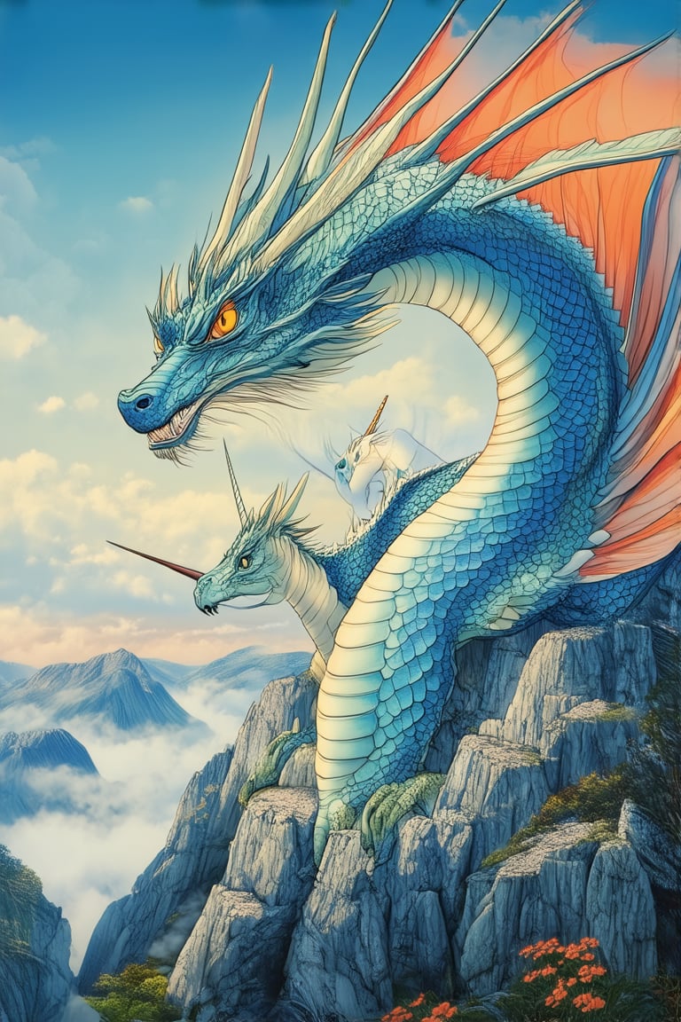 A majestic dragon sprawls across a misty mountain peak, its scales glistening like polished gemstones in the soft morning light. A gentle breeze rustles its wings as it gazes out at the lush valley below, where tiny unicorns frolic and play.