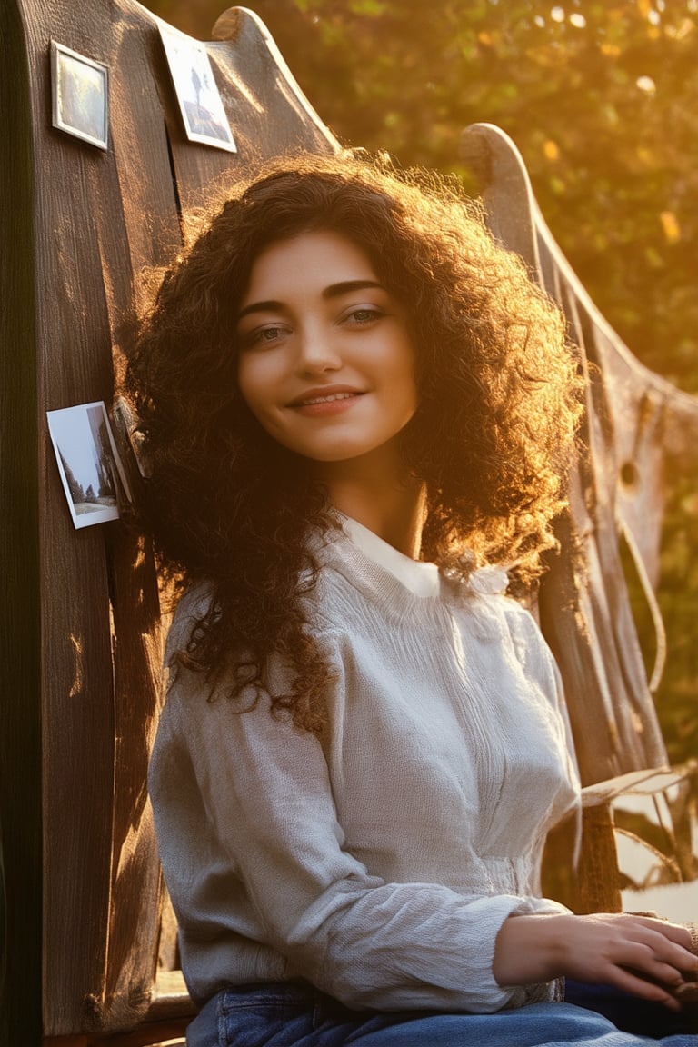 A nostalgic portrait of a young woman sitting on a worn wooden bench, surrounded by vintage trinkets and forgotten photographs, bathed in warm golden light that casts a soft glow on her gentle smile and the wisps of curly hair framing her face, as if stuck in a timeless era.