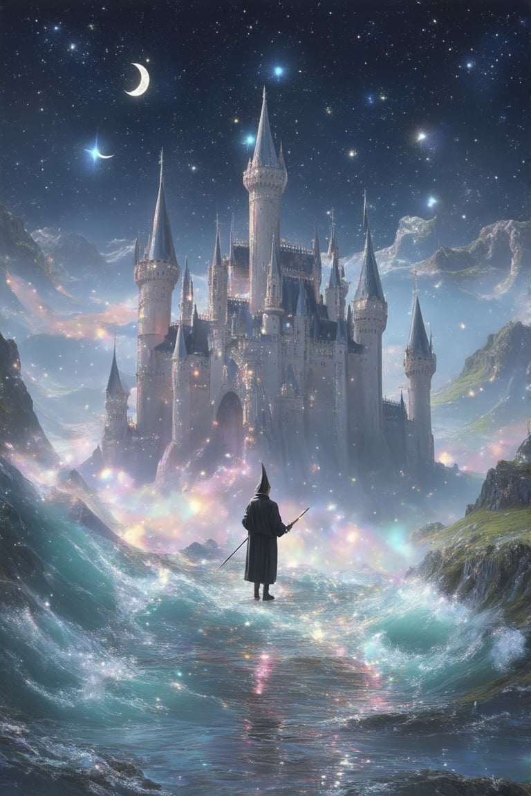 A whimsical illustration of a fantastical world where wonder reigns supreme. A majestic castle with towers and turrets rises from a sea of shimmering mist, illuminated by a soft, ethereal glow. In the foreground, a young wizard stands poised to cast a spell, wand at the ready, surrounded by a halo of sparkling stars and crescent moons. The air is filled with swirling wisps of magic as the wonder-filled landscape unfolds.