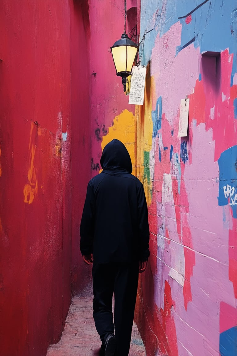 A dimly lit alleyway at dusk, with graffiti-covered walls and a haze of urban mystique. In the center, Banksy's latest masterpiece: a hooded figure in silhouette, eyes glowing like lanterns in the dark. The surrounding tags and murals blur into abstraction, as if trying to conceal the artist's identity. The air is thick with intrigue, begging the question: who is this enigmatic figure, shrouded in mystery?