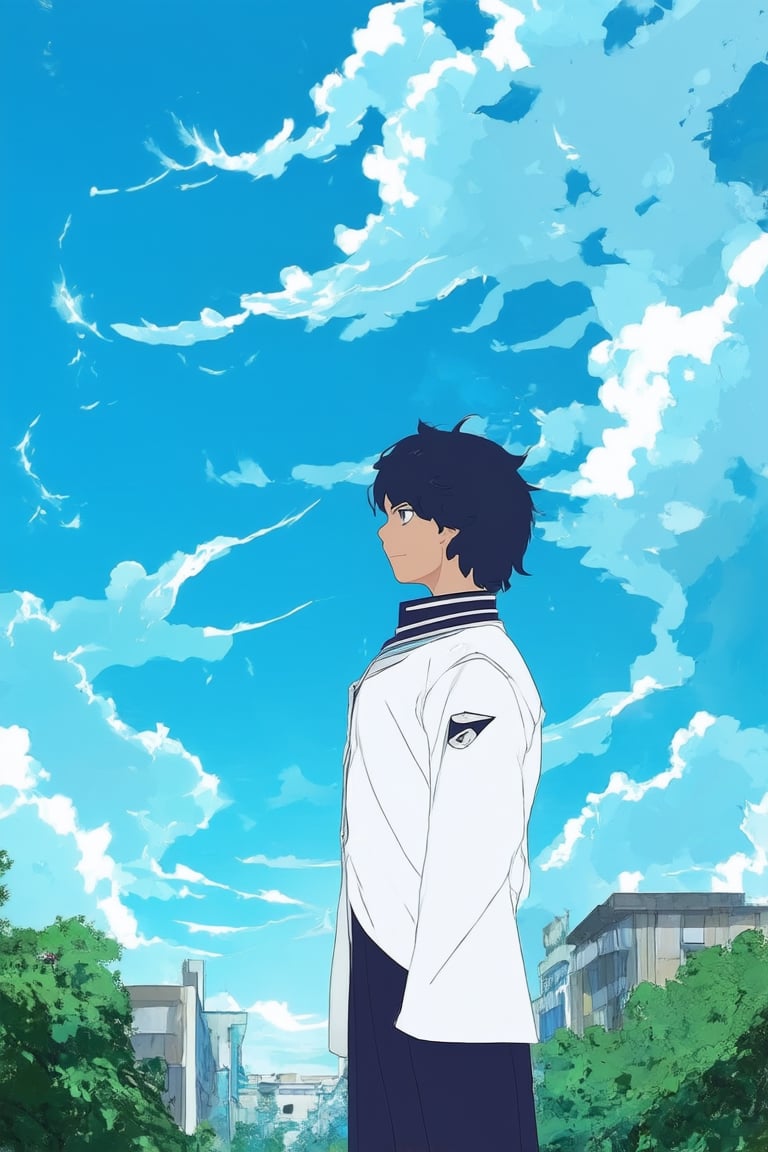 A vibrant blue-hued anime scene unfolds: a bright cerulean sky dominates the framing, with delicate wisps of cirrus clouds drifting lazily across it. In the foreground, a young protagonist stands confidently, dressed in a crisp white and navy uniform, against a backdrop of lush greenery and urban architecture.