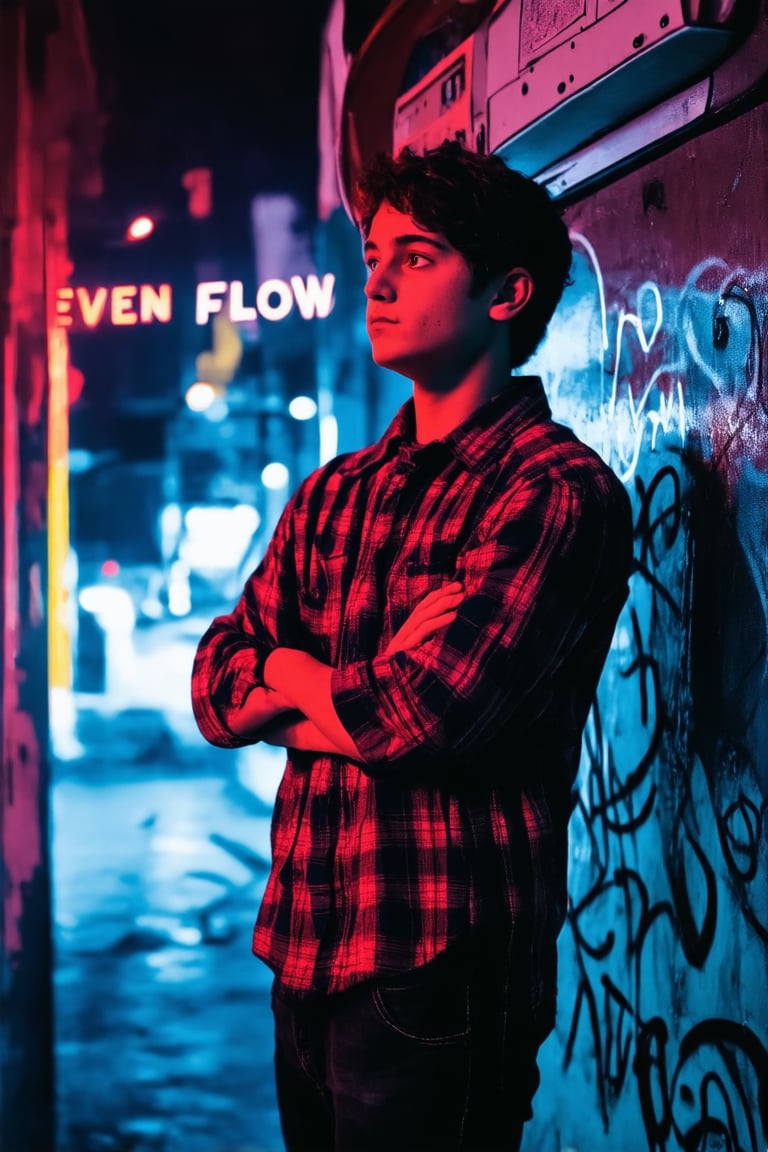 A retro-chic scene with a 1990s vibe: a flannel-shirted teenager stands in front of a graffiti-covered wall, arms crossed and eyes gazing off into the distance. A skateboard leans against the wall, partially hidden by a boombox playing Pearl Jam's 'Even Flow'. Neon lights from a passing car cast an eerie glow on the urban landscape.