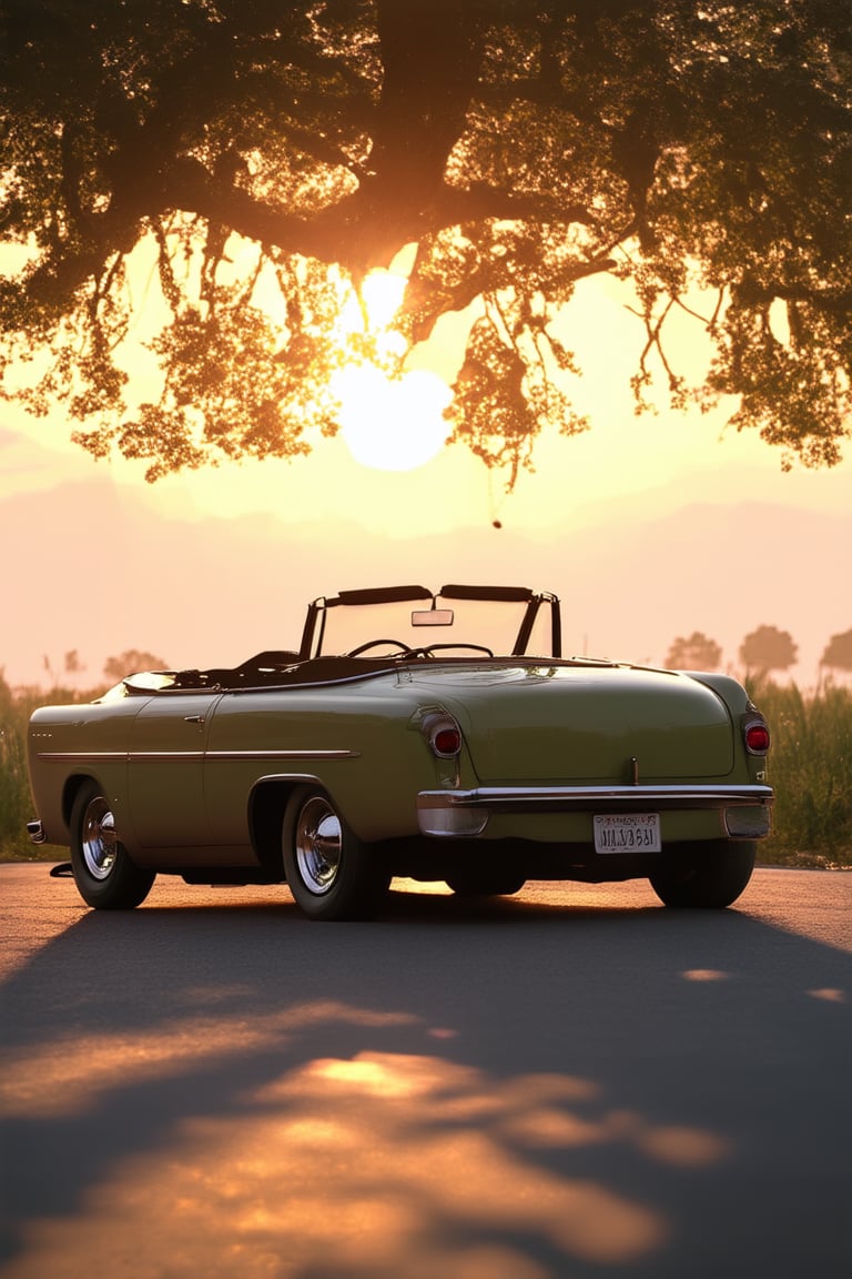 Soft focus on a nostalgic era: capture a warm, golden-lit scene reminiscent of 1950s America, with a vintage convertible parked under a majestic oak tree, sun setting behind it, casting long shadows across the worn asphalt road. Include subtle film grain and a gentle haze to evoke a sense of bygone days.