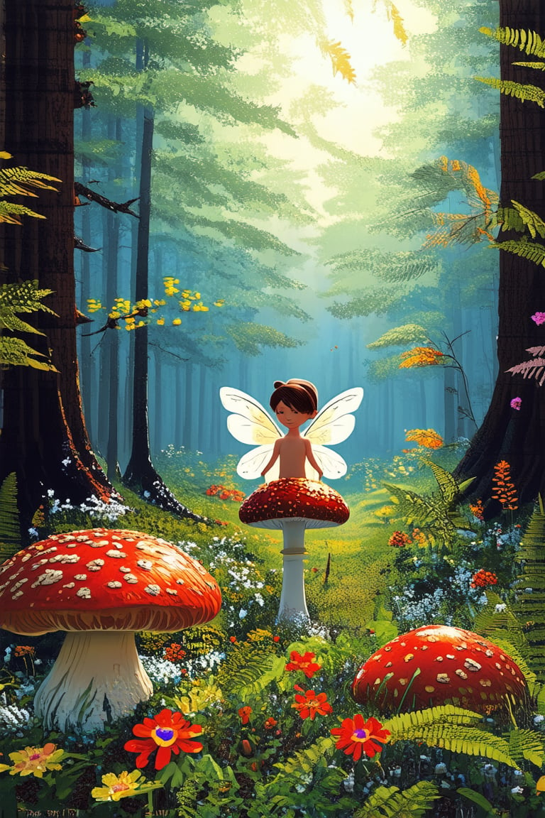 A simple illustration of a whimsical forest scene: A tiny fairy perches on a mushroom cap, her delicate wings shimmering in warm sunlight. The forest floor is a tapestry of colorful wildflowers and ferns, with towering trees looming in the background. The fairy's smile and gentle pose evoke a sense of peacefulness as she gazes out at the serene surroundings.