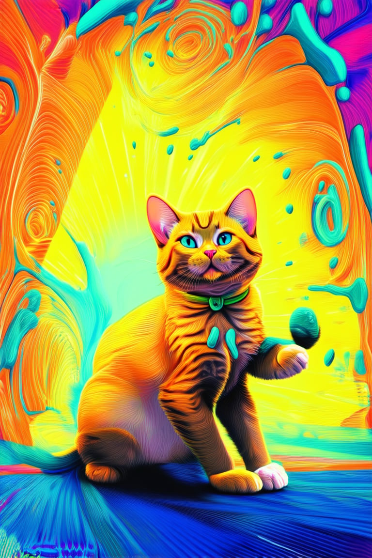 A kaleidoscope of vibrant colors swirls in a whimsical dance, as a playful cat poses against a backdrop of bright, sunshine-yellow walls. The subject's fur radiates warm tones of orange and golden hues, complemented by a splash of turquoise blue on its collar. Soft, diffused lighting casts a gentle glow, illuminating the joyful expression.