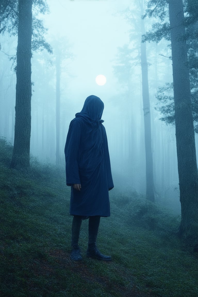 A moody, dark blue realism scene: a lone figure stands at the edge of a dense forest, lit only by the faint glow of a crescent moon. The subject's face is obscured by shadows, their worn clothing blending seamlessly into the misty atmosphere. The camera frames the figure from a low angle, emphasizing their smallness amidst the towering trees, as if lost in thought.