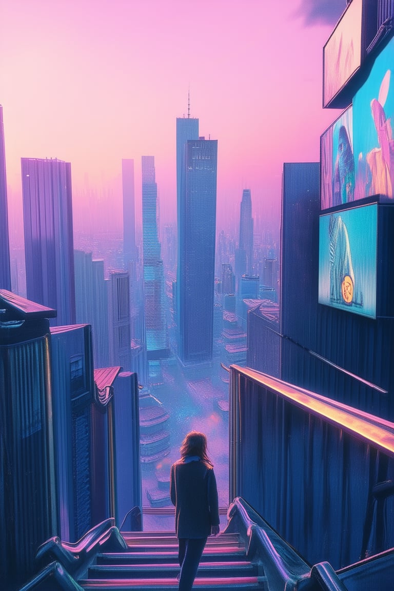 A surrealistic cityscape at dusk, with a gradient-like mist enveloping towering skyscrapers. Soft pinks and blues blend harmoniously in the sky, as vibrant neon lights of billboards and advertisements pulse beneath the haze. In the foreground, a lone figure stands atop a staircase, looking out upon the dreamlike metropolis.