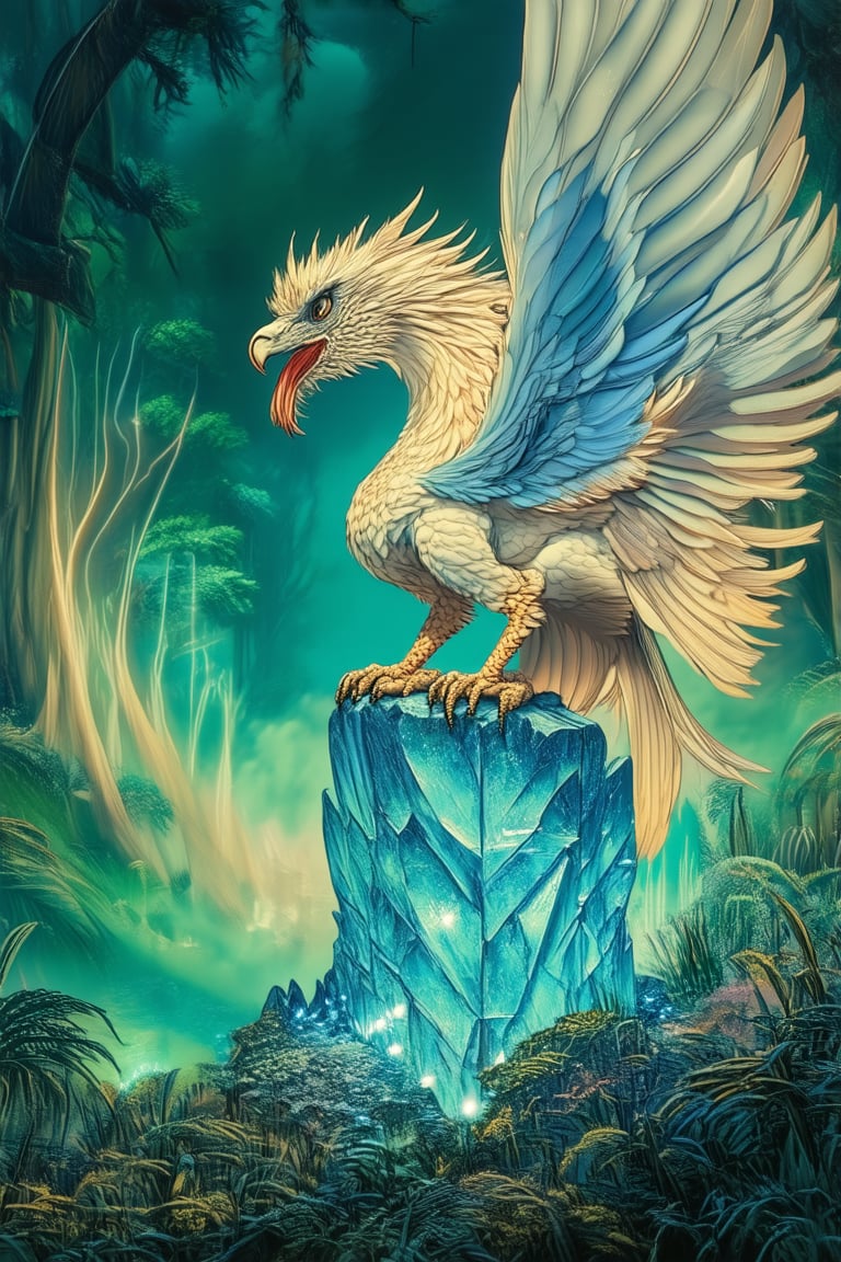 Immerse in a mystical realm where fantasy creatures roam free: 'A majestic Griffin perches atop a gleaming crystal monolith, its piercing gaze surveying a lush tapestry of emerald forest and sapphire mist. Golden light dances across the landscape, casting an ethereal glow on the creature's iridescent feathers and the verdant foliage below.' 