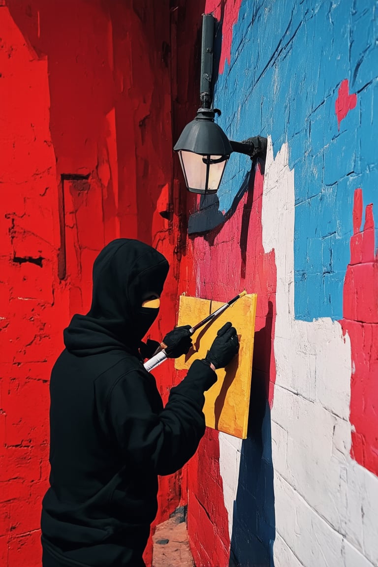 A dark alleyway at dusk, with flickering streetlights casting long shadows. A masked figure in a black hoodie and gloves holds a canvas, brush in hand, as they deftly add final touches to a mysterious mural. The subject's face obscured by a ski mask, their artistic vision unfolding like a puzzle. Faded graffiti and weathered brick walls provide the urban backdrop.