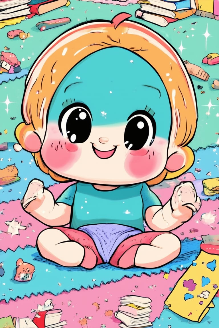 Upbeat cartoon illustration of a chibi Eveything sitting on a colorful rug, surrounded by scattered toys and books, with a bright smile and sparkling eyes. Soft pastel lighting illuminates the scene from above, casting a warm glow on Eveything's rosy cheeks. The composition focuses on Eveything's adorable face, with playful chaos unfolding around them.