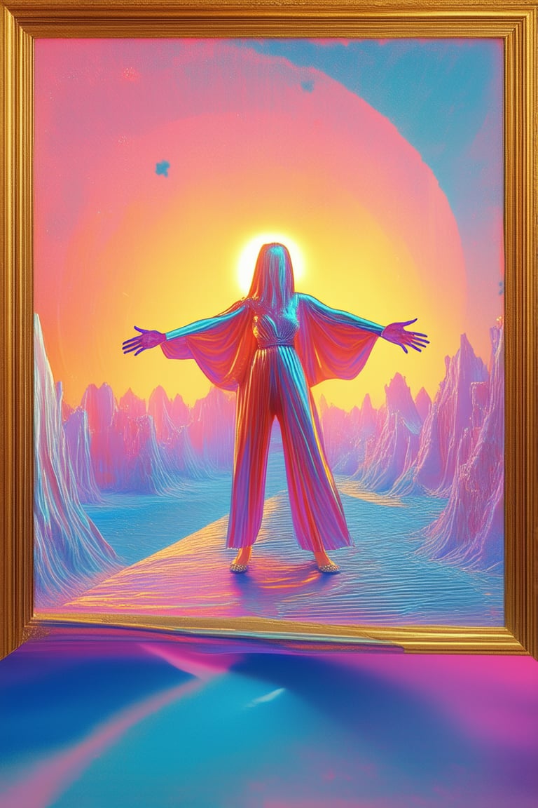 A surreal landscape unfolds as a gradient world comes alive. Framed within a warm, golden light, iridescent hues blend seamlessly, transitioning from soft pinks to electric blues. A dreamlike figure stands at the edge of this ever-changing realm, arms outstretched as if embracing the kaleidoscope surroundings.