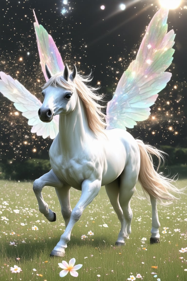 A whimsical image unfolds: A majestic unicorn prances in a lush meadow, sunlight casting a warm glow on its shimmering coat as it holds a delicate, glowing flower. Framed by verdant foliage, the unicorn's ethereal wings flutter, releasing tiny sparks that dance in the air. The soft focus creates a dreamy atmosphere, inviting the viewer to step into this enchanting world of wonder and magic.