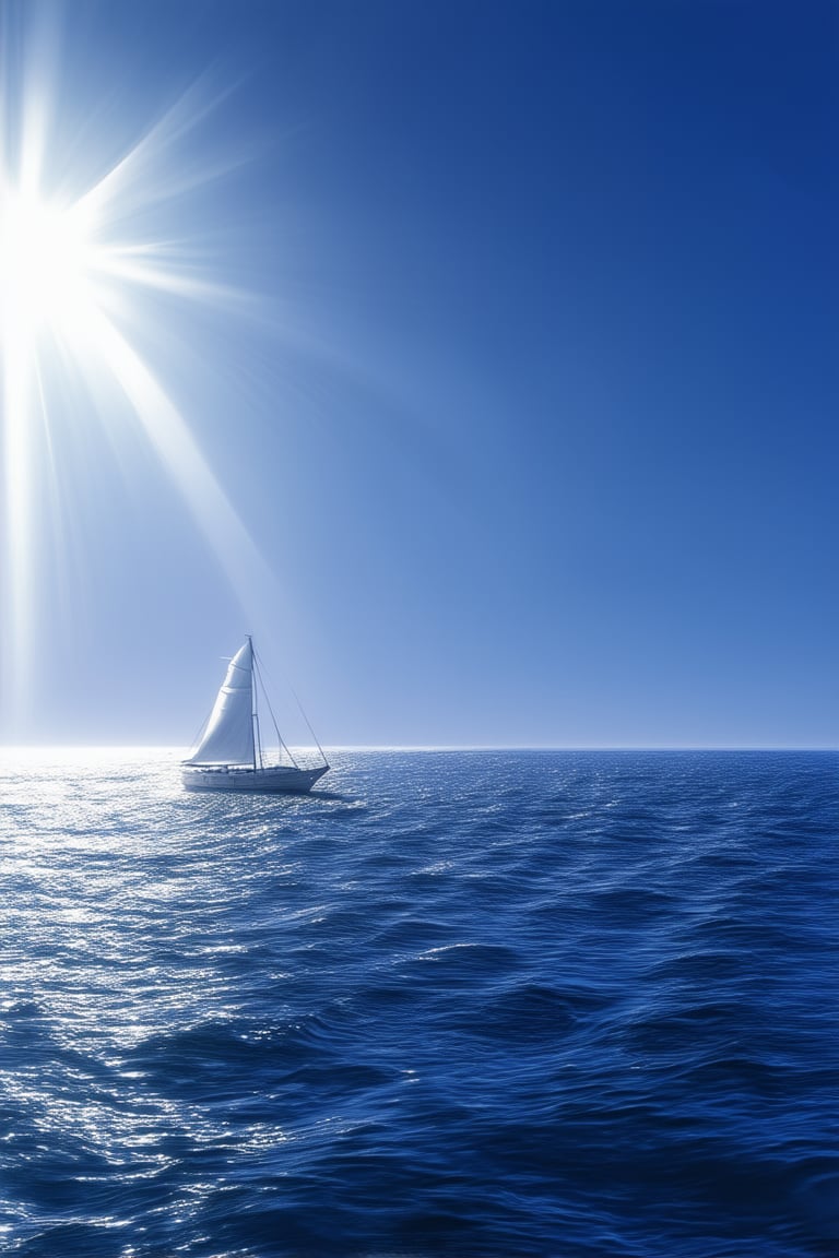 A majestic blue ocean sprawls across the frame, with sunlight dancing across its waves in shimmering highlights and soft, gentle low-light areas. A lone sailboat glides effortlessly across the water, its white sails billowing in the breeze as it disappears into the distance.