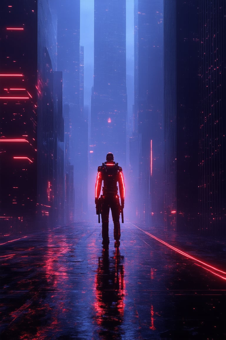 A futuristic cityscape at dusk, with neon lights reflecting off wet pavement. A lone figure, a cybernetic mercenary, stands at the edge of a skyscraper rooftop, looking out over the city's towering architecture. The merc's cybernetic eye glows bright blue in the fading light, as they grasp a high-tech rifle and gaze out into the smog-filled horizon.